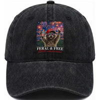 USA 250 Years Freedom Washed Cotton Baseball Cap Feral and Free Funny Raccoon Driking Beer 4th of July