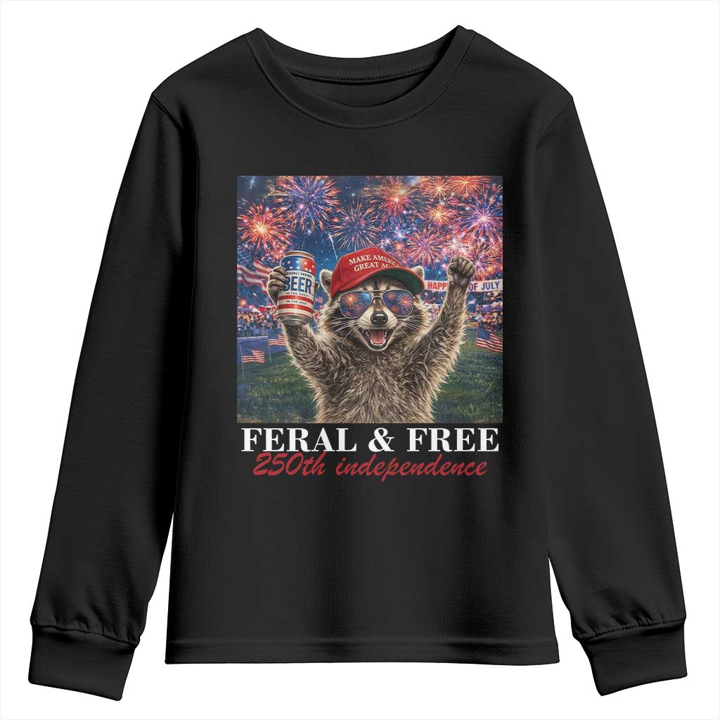 USA 250 Years Freedom Youth Sweatshirt Feral and Free Funny Raccoon Driking Beer 4th of July
