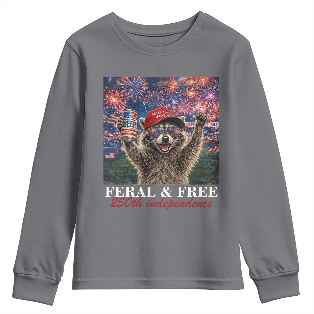 USA 250 Years Freedom Youth Sweatshirt Feral and Free Funny Raccoon Driking Beer 4th of July