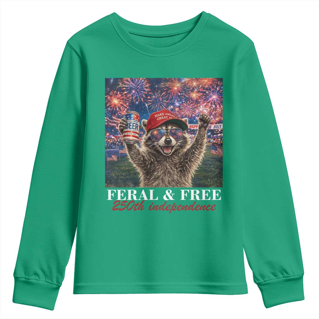 USA 250 Years Freedom Youth Sweatshirt Feral and Free Funny Raccoon Driking Beer 4th of July