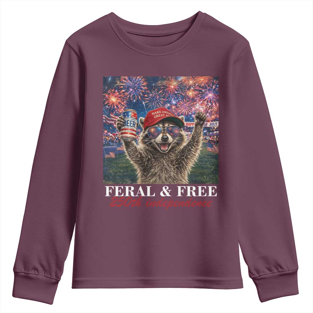 USA 250 Years Freedom Youth Sweatshirt Feral and Free Funny Raccoon Driking Beer 4th of July