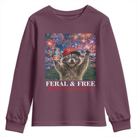 USA 250 Years Freedom Youth Sweatshirt Feral and Free Funny Raccoon Driking Beer 4th of July