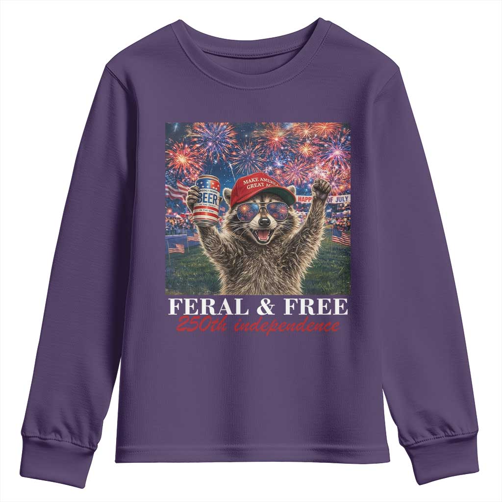 USA 250 Years Freedom Youth Sweatshirt Feral and Free Funny Raccoon Driking Beer 4th of July