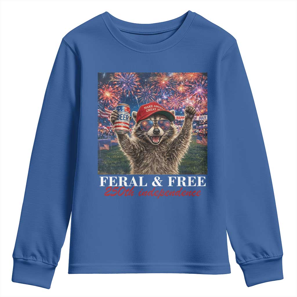 USA 250 Years Freedom Youth Sweatshirt Feral and Free Funny Raccoon Driking Beer 4th of July