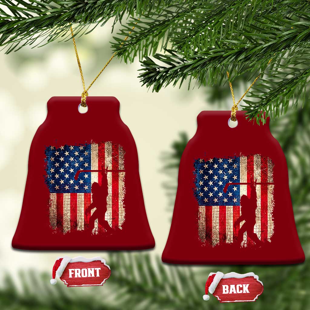 USA Hockey Bigfoot Ceramic Ornament Patriotic Sasquatch American Flag 4th of July