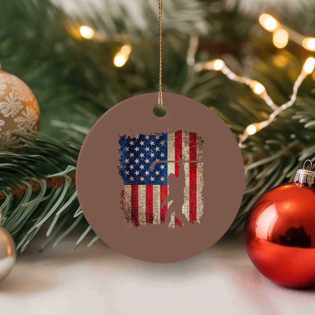 USA Hockey Bigfoot Ceramic Ornament Patriotic Sasquatch American Flag 4th of July