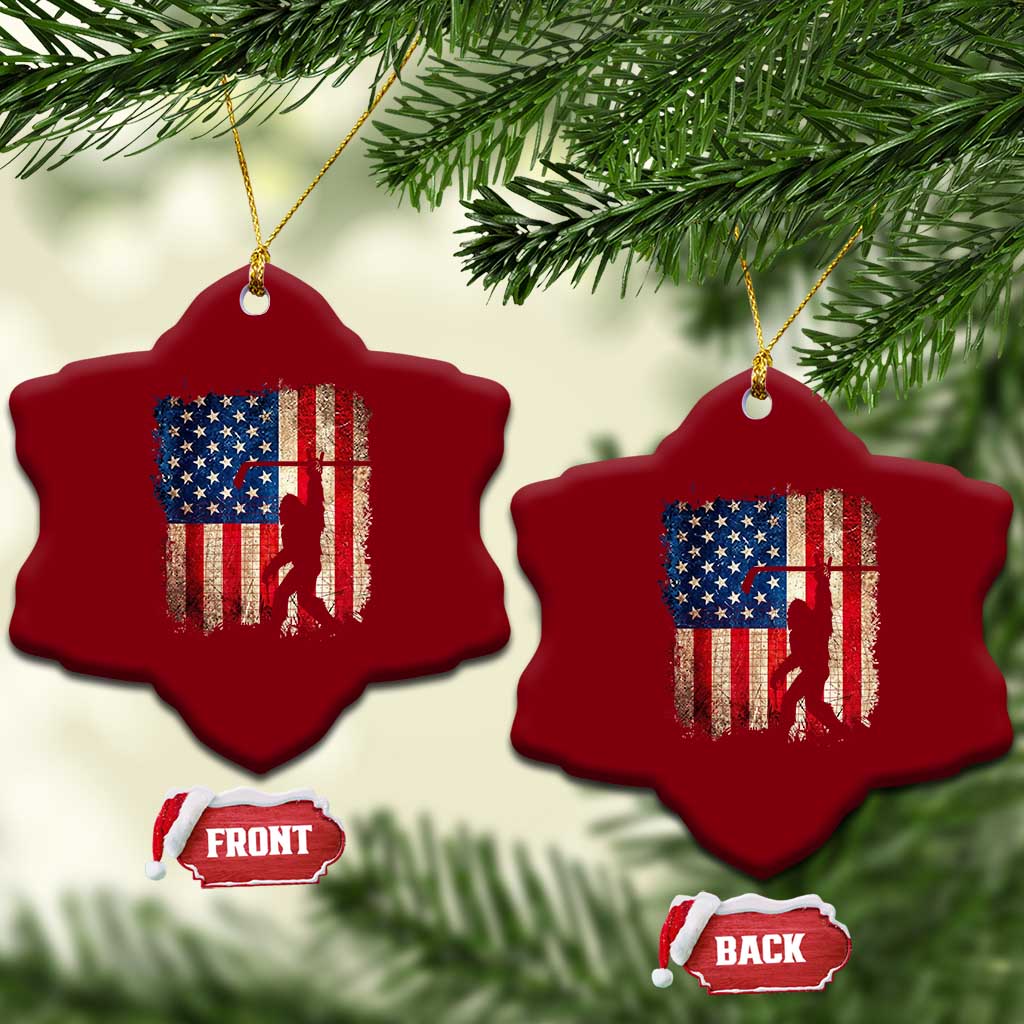 USA Hockey Bigfoot Ceramic Ornament Patriotic Sasquatch American Flag 4th of July