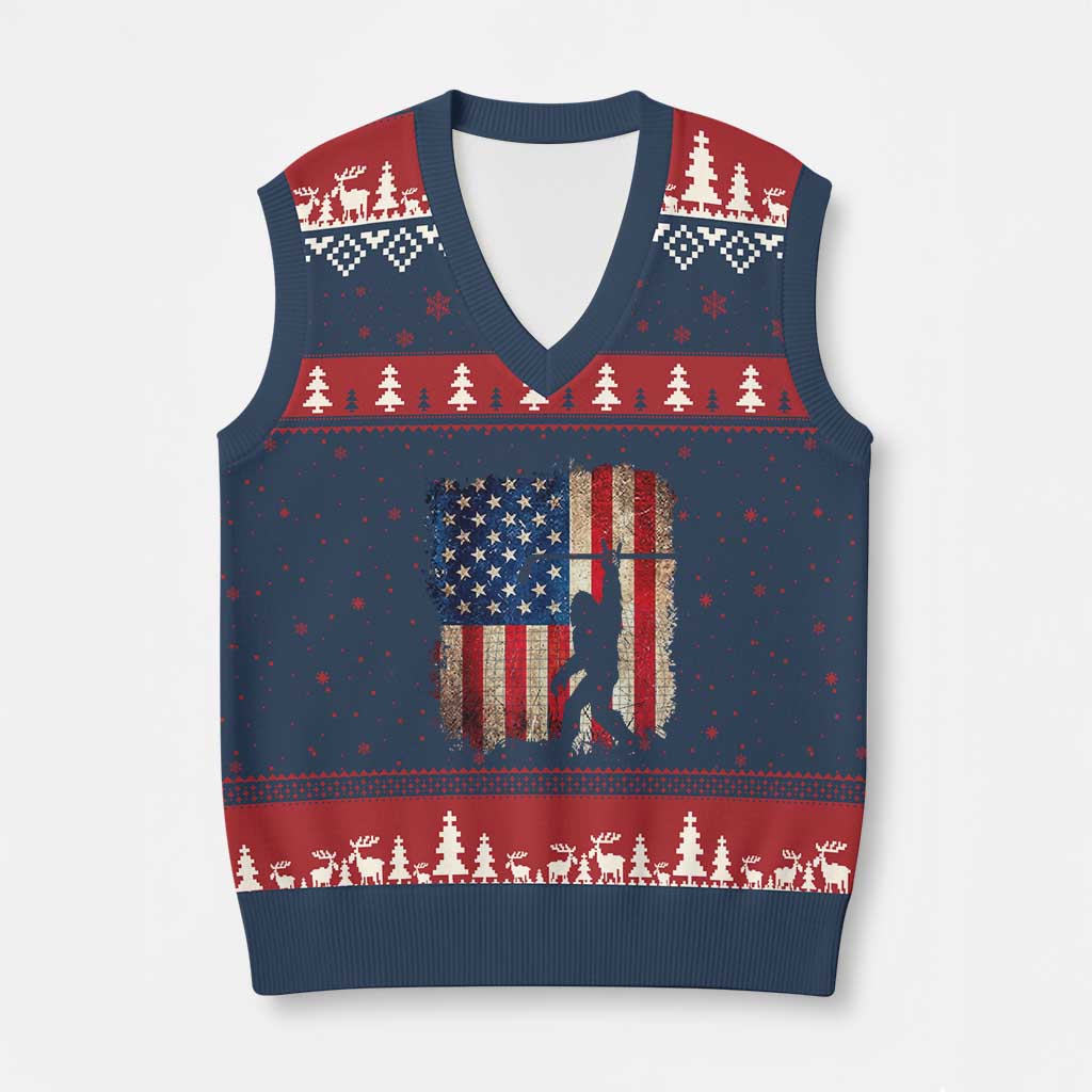USA Hockey Bigfoot V-Neck Knit Sweater Vest Patriotic Sasquatch American Flag 4th of July