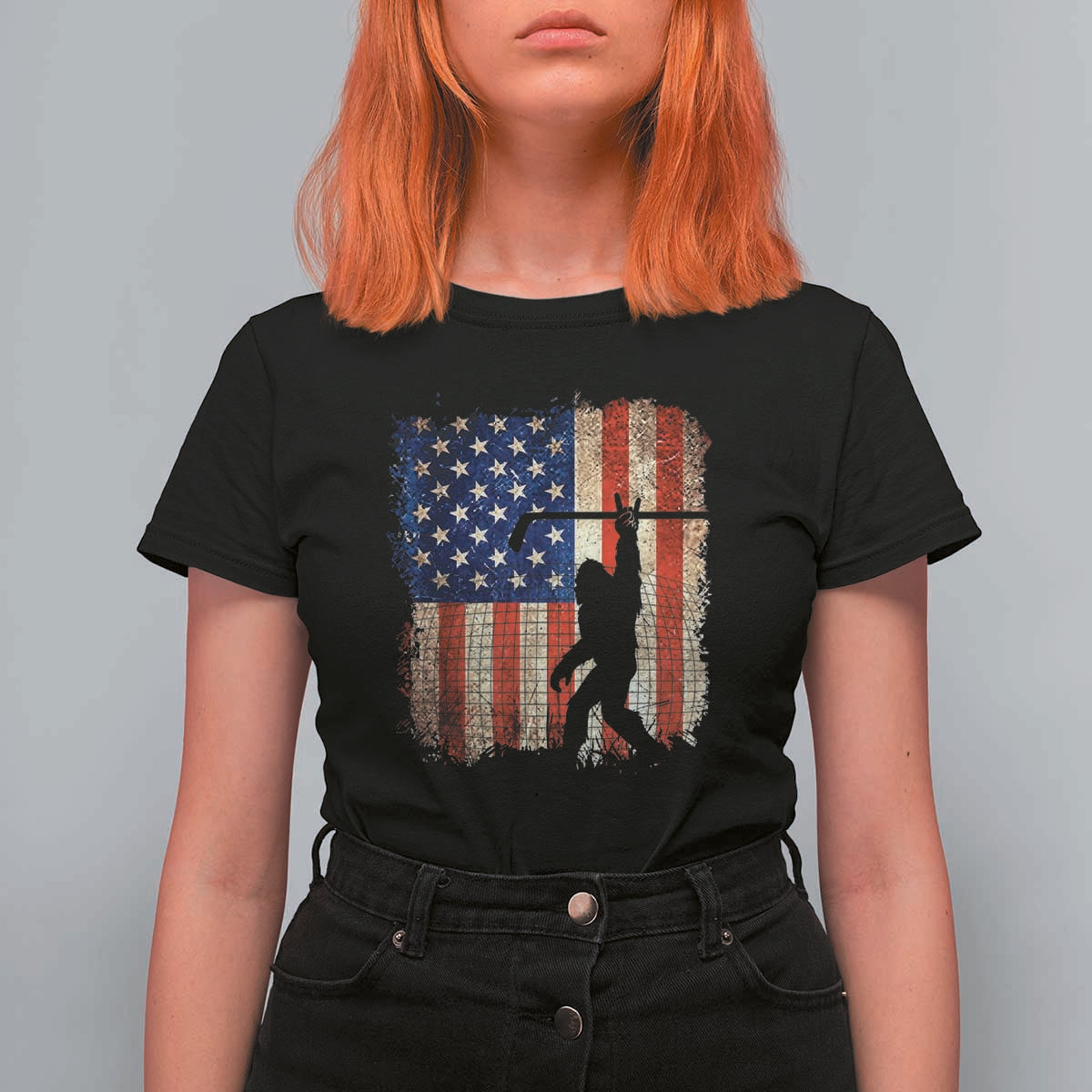 USA Hockey Bigfoot T Shirt For Women Patriotic Sasquatch American Flag 4th of July