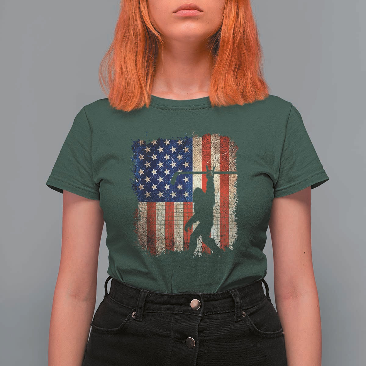 USA Hockey Bigfoot T Shirt For Women Patriotic Sasquatch American Flag 4th of July