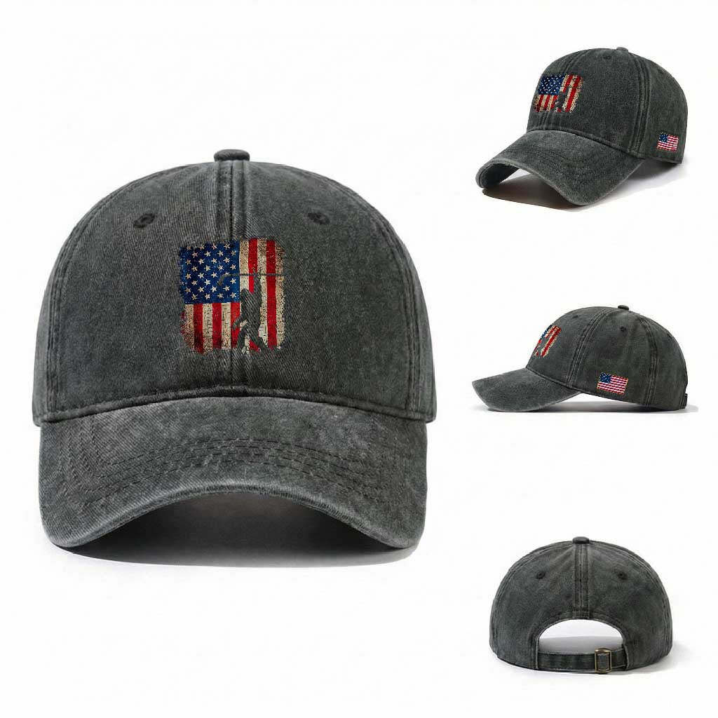 USA Hockey Bigfoot Washed Cotton Baseball Cap Patriotic Sasquatch American Flag 4th of July