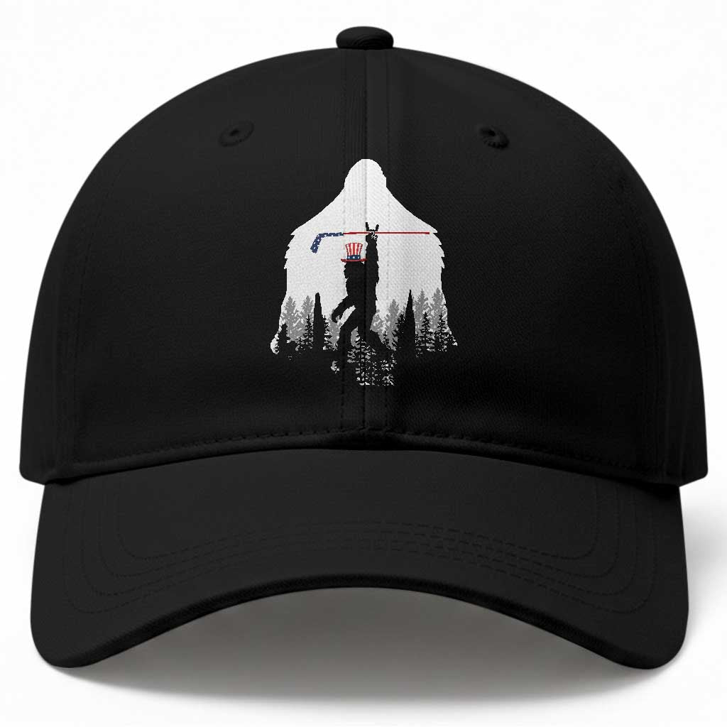 Bigfoot USA Ice Hockey 4th of July Baseball Cap Funny Sasquatch Patriotic American Flag