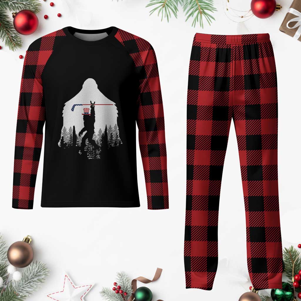 Bigfoot USA Ice Hockey 4th of July Plaid Pajama Set Funny Sasquatch Patriotic American Flag