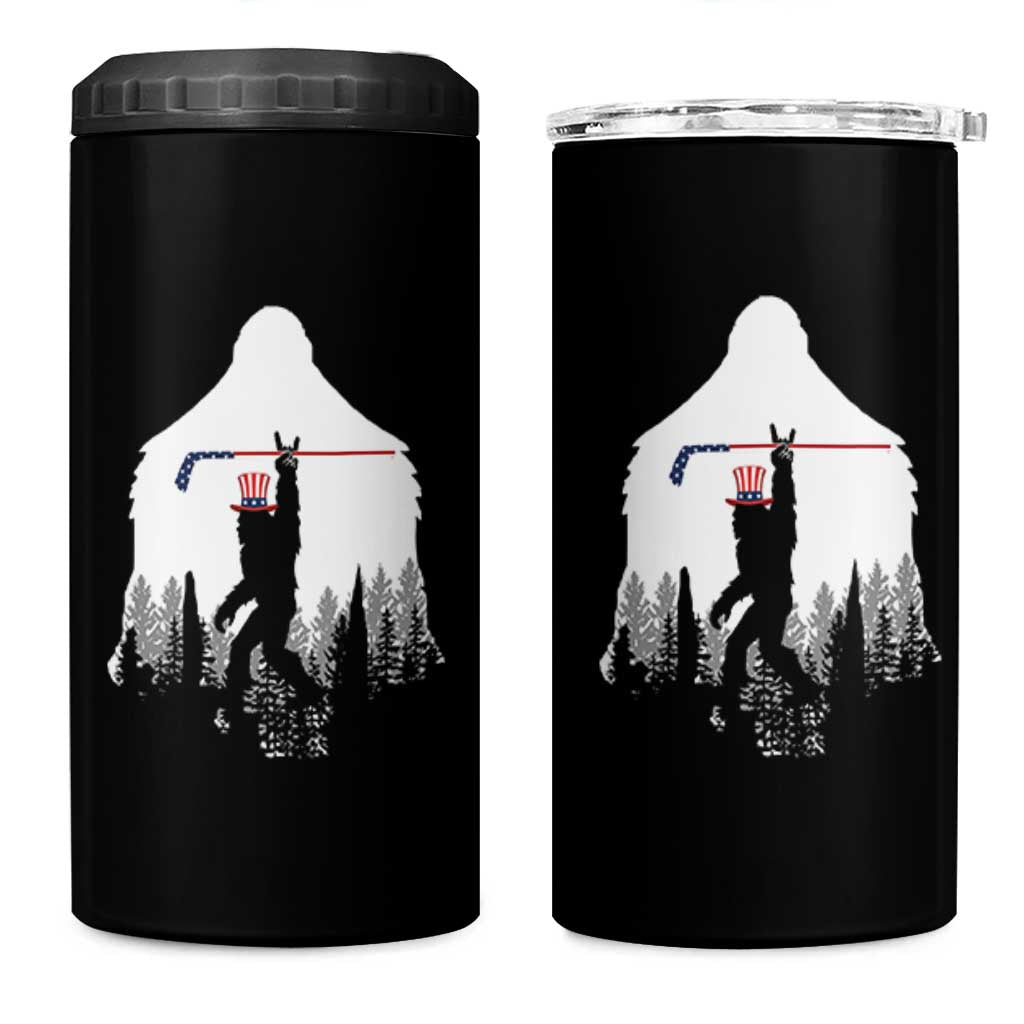 Bigfoot USA Ice Hockey 4th of July 4 in 1 Can Cooler Tumbler Funny Sasquatch Patriotic American Flag