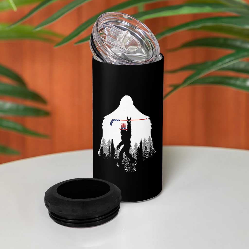 Bigfoot USA Ice Hockey 4th of July 4 in 1 Can Cooler Tumbler Funny Sasquatch Patriotic American Flag