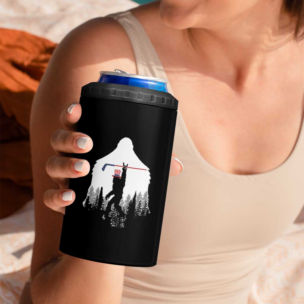 Bigfoot USA Ice Hockey 4th of July 4 in 1 Can Cooler Tumbler Funny Sasquatch Patriotic American Flag