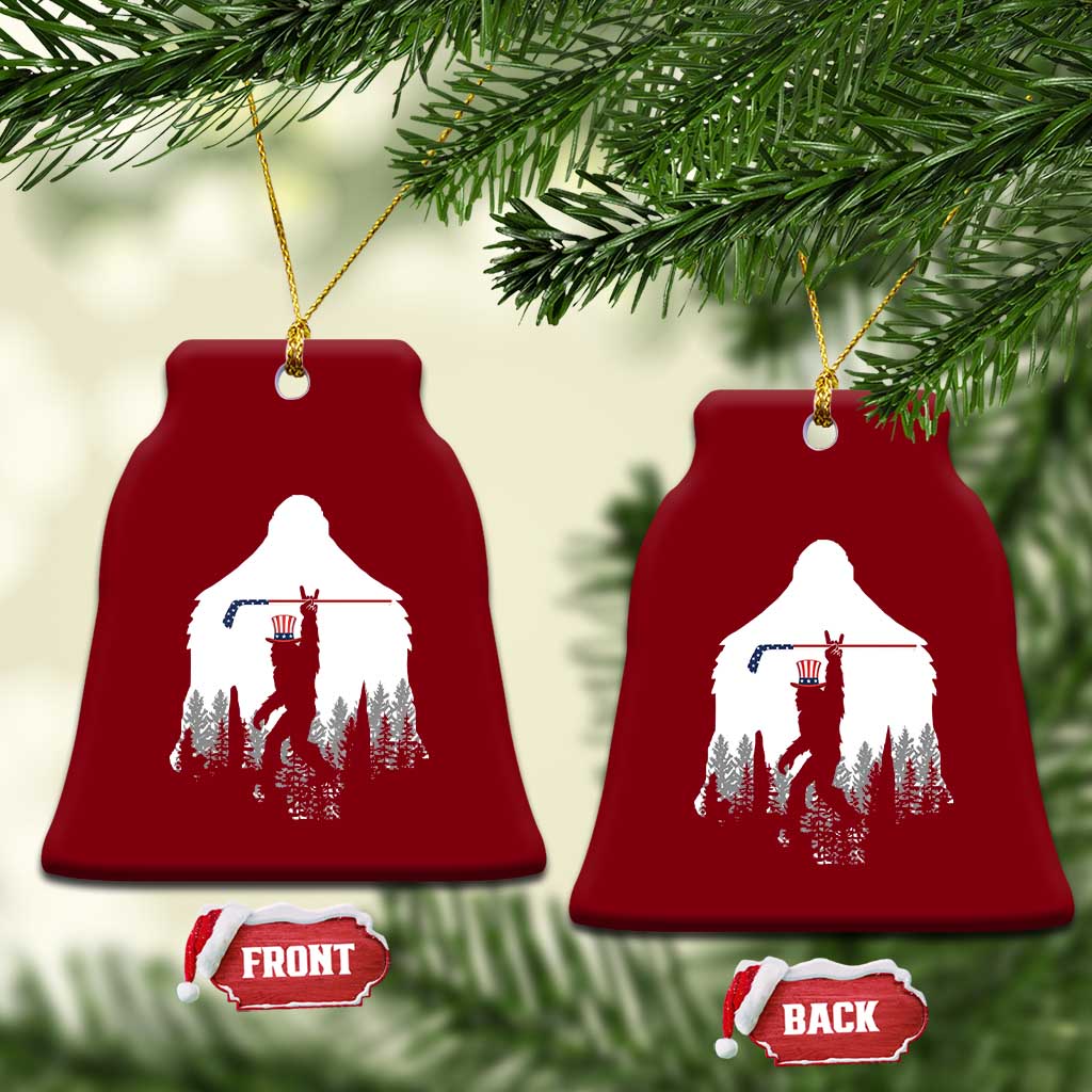 Bigfoot USA Ice Hockey 4th of July Ceramic Ornament Funny Sasquatch Patriotic American Flag