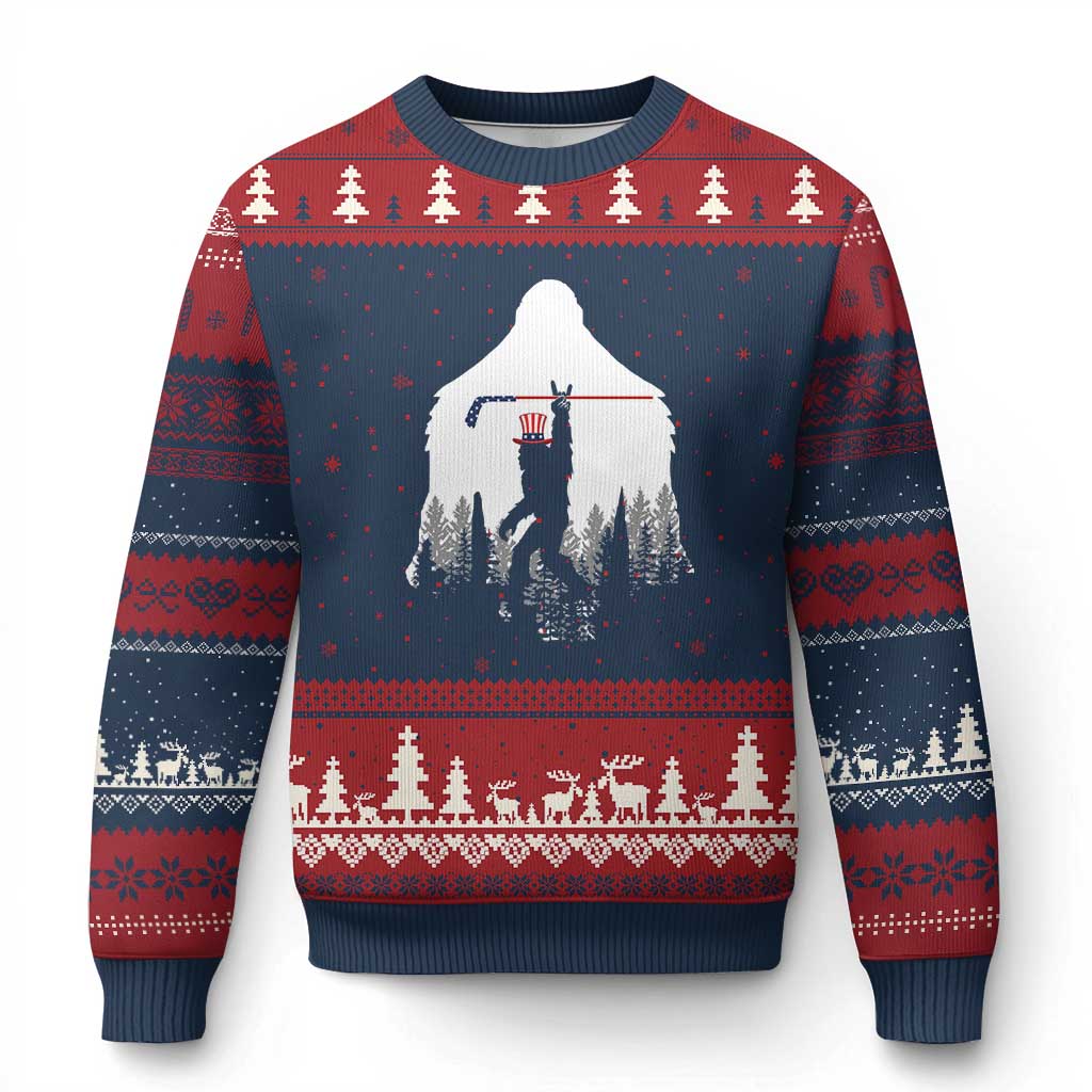 Bigfoot USA Ice Hockey 4th of July Ugly Christmas Sweater Funny Sasquatch Patriotic American Flag