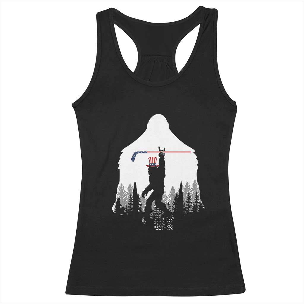 Bigfoot USA Ice Hockey 4th of July Racerback Tank Top Funny Sasquatch Patriotic American Flag