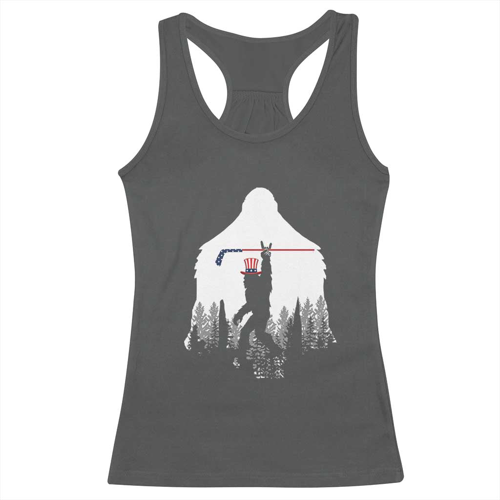 Bigfoot USA Ice Hockey 4th of July Racerback Tank Top Funny Sasquatch Patriotic American Flag