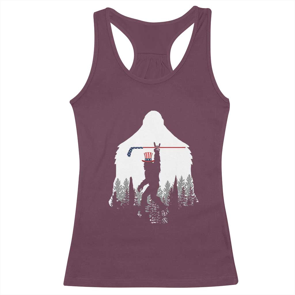 Bigfoot USA Ice Hockey 4th of July Racerback Tank Top Funny Sasquatch Patriotic American Flag
