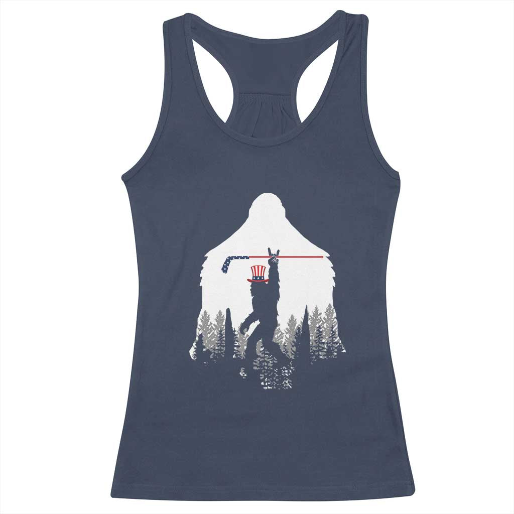 Bigfoot USA Ice Hockey 4th of July Racerback Tank Top Funny Sasquatch Patriotic American Flag