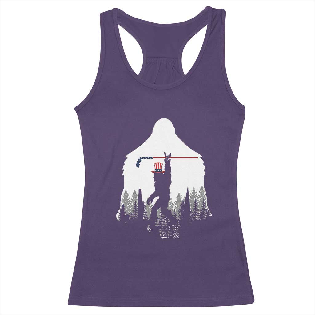 Bigfoot USA Ice Hockey 4th of July Racerback Tank Top Funny Sasquatch Patriotic American Flag