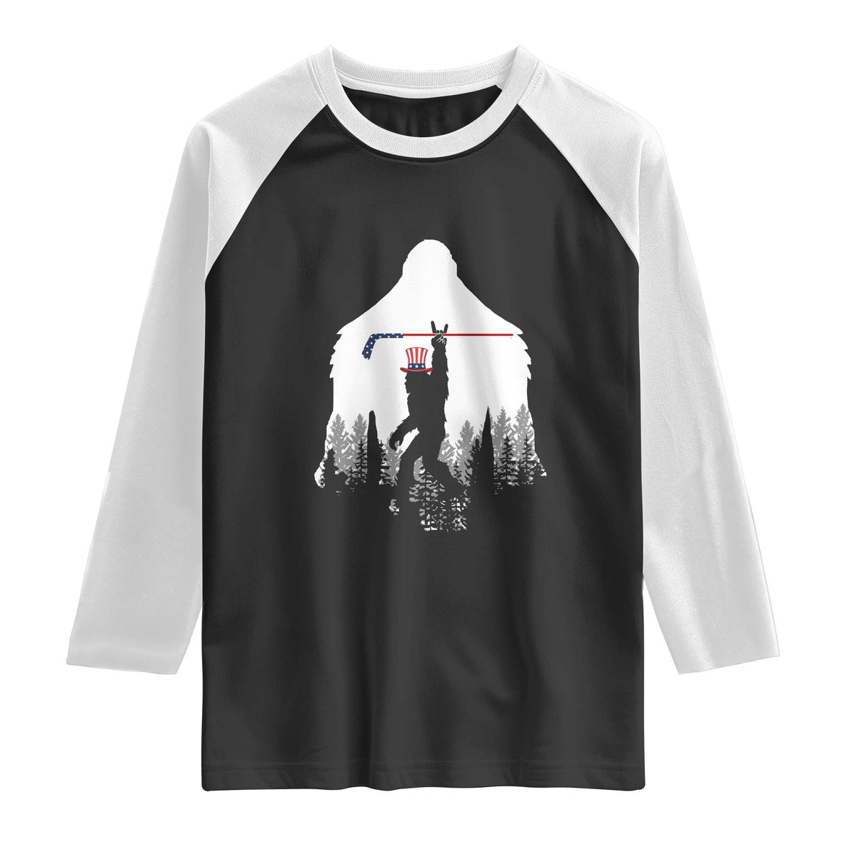 Bigfoot USA Ice Hockey 4th of July Raglan Shirt Funny Sasquatch Patriotic American Flag