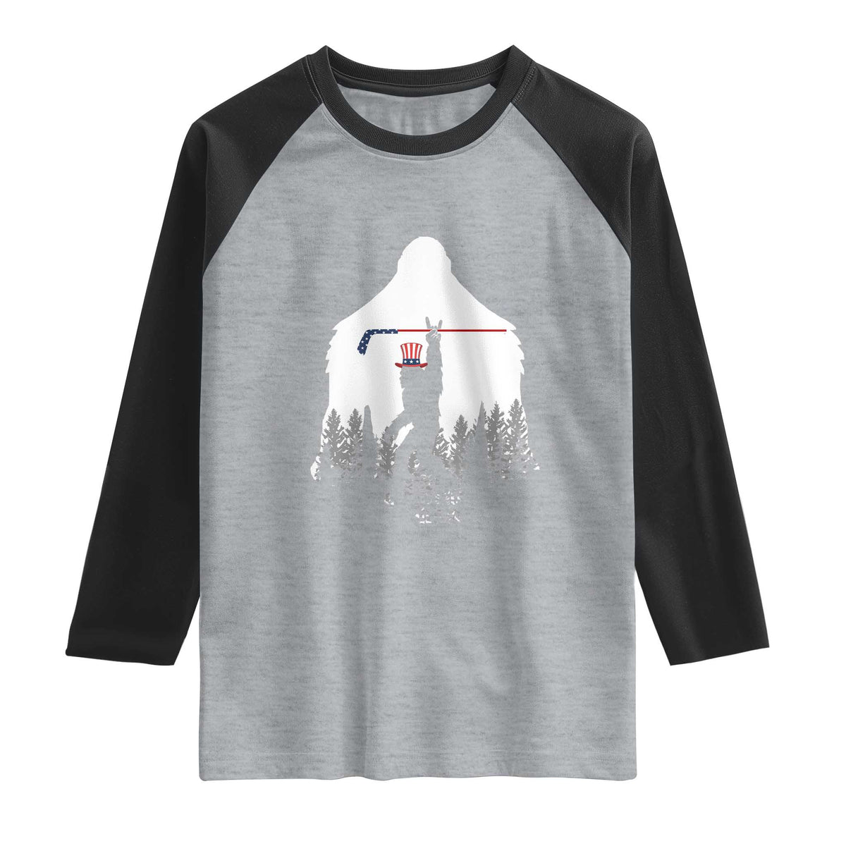 Bigfoot USA Ice Hockey 4th of July Raglan Shirt Funny Sasquatch Patriotic American Flag
