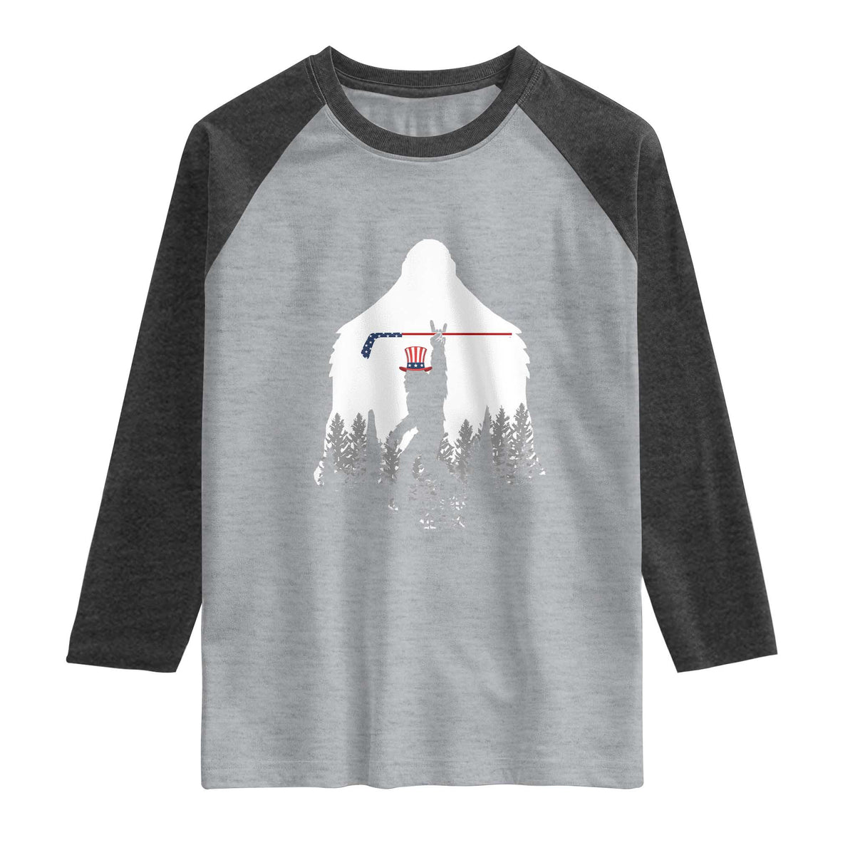 Bigfoot USA Ice Hockey 4th of July Raglan Shirt Funny Sasquatch Patriotic American Flag