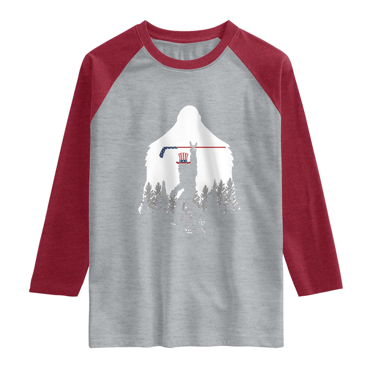 Bigfoot USA Ice Hockey 4th of July Raglan Shirt Funny Sasquatch Patriotic American Flag