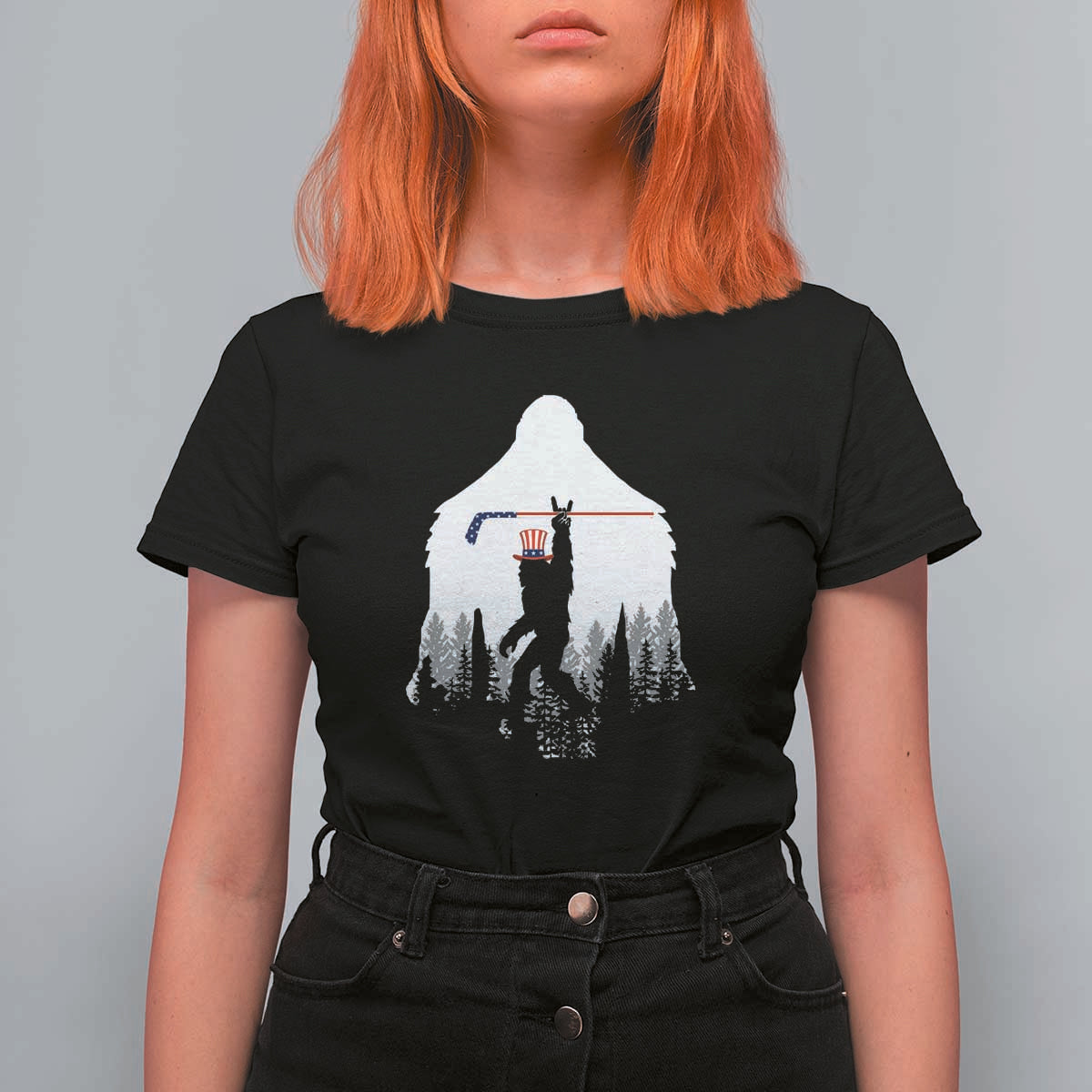 Bigfoot USA Ice Hockey 4th of July T Shirt For Women Funny Sasquatch Patriotic American Flag