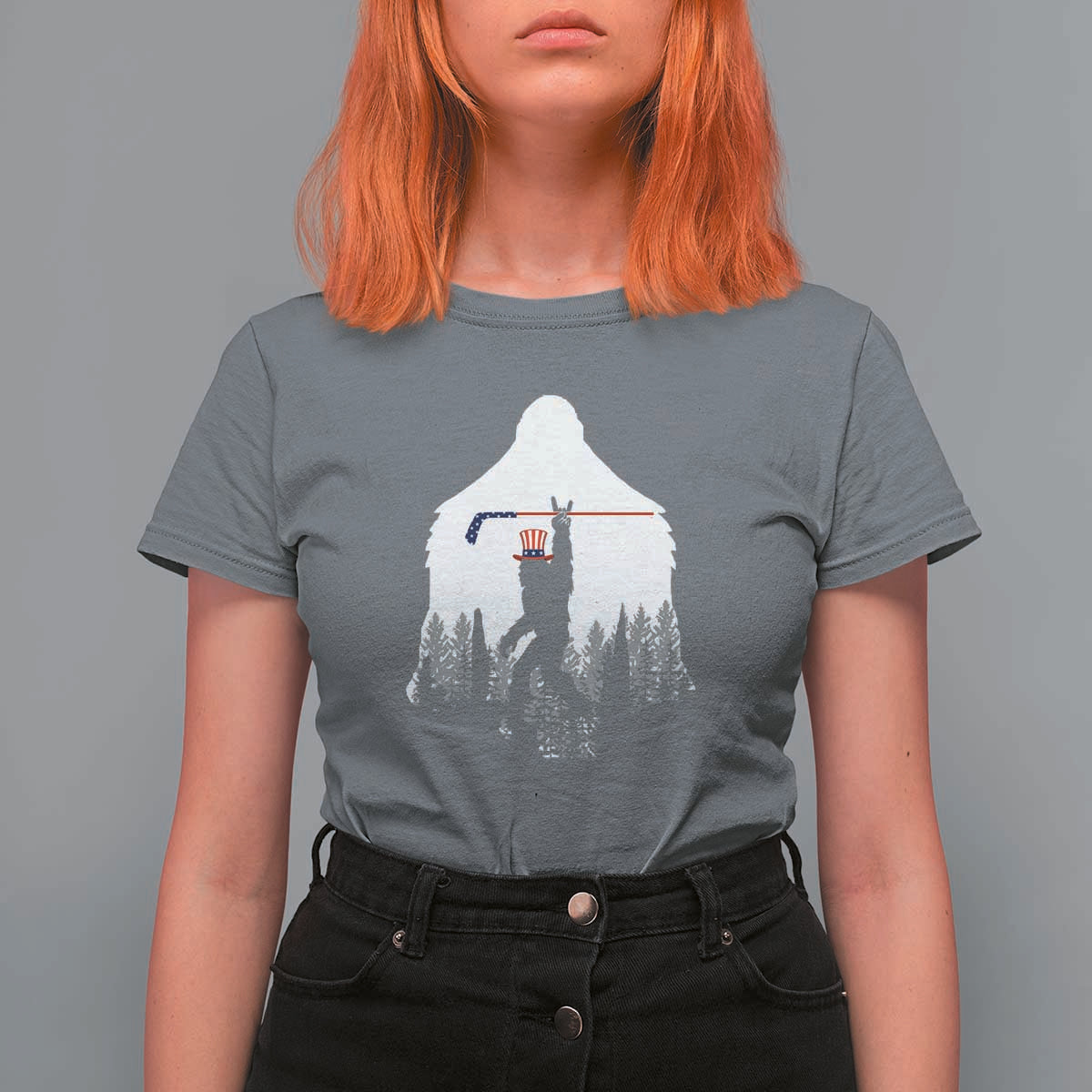 Bigfoot USA Ice Hockey 4th of July T Shirt For Women Funny Sasquatch Patriotic American Flag