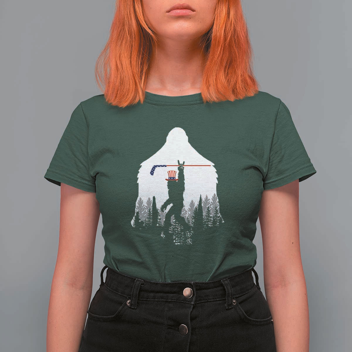 Bigfoot USA Ice Hockey 4th of July T Shirt For Women Funny Sasquatch Patriotic American Flag