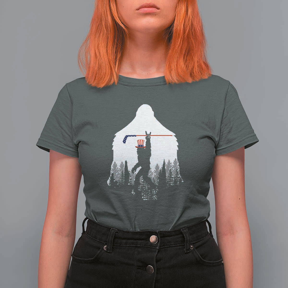 Bigfoot USA Ice Hockey 4th of July T Shirt For Women Funny Sasquatch Patriotic American Flag