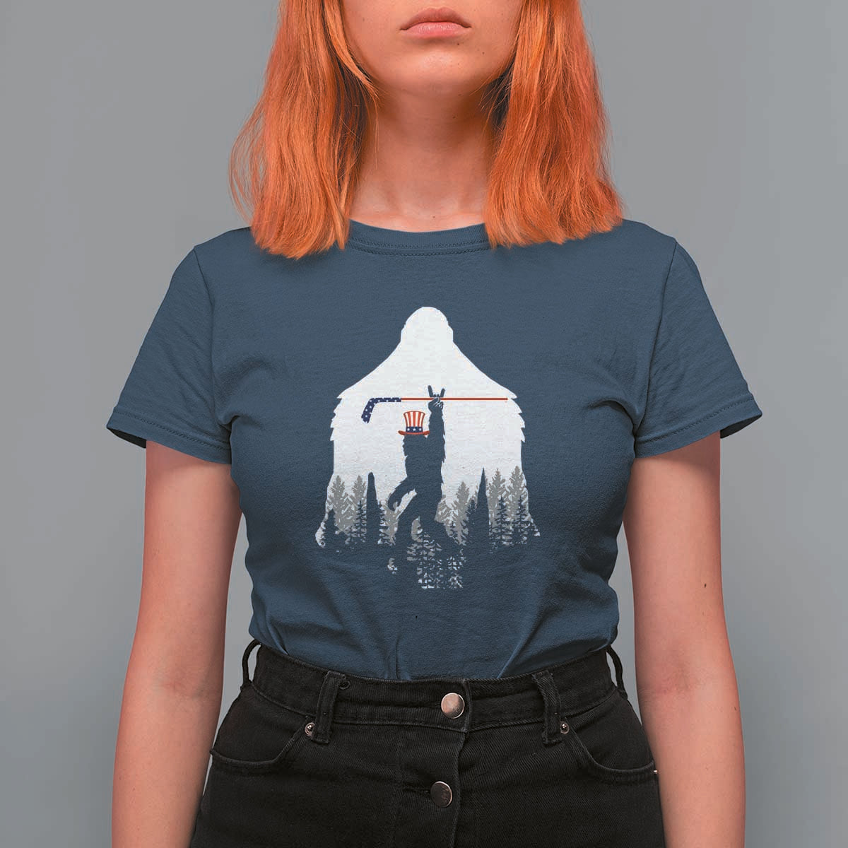 Bigfoot USA Ice Hockey 4th of July T Shirt For Women Funny Sasquatch Patriotic American Flag