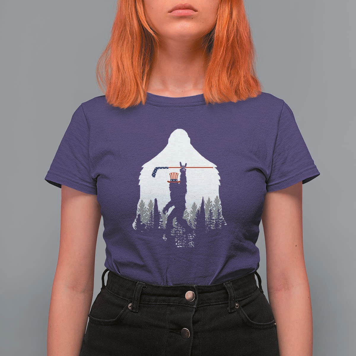 Bigfoot USA Ice Hockey 4th of July T Shirt For Women Funny Sasquatch Patriotic American Flag