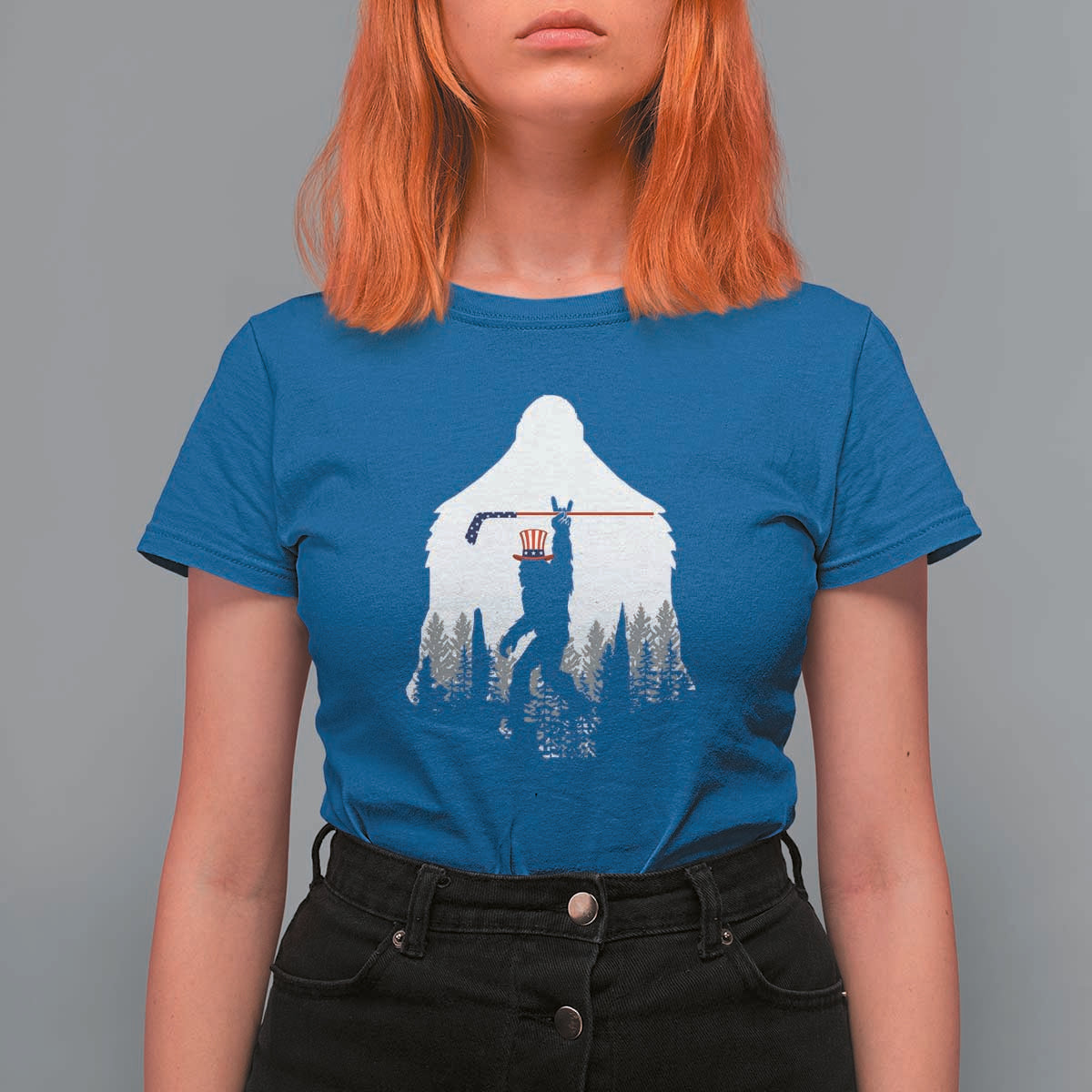 Bigfoot USA Ice Hockey 4th of July T Shirt For Women Funny Sasquatch Patriotic American Flag