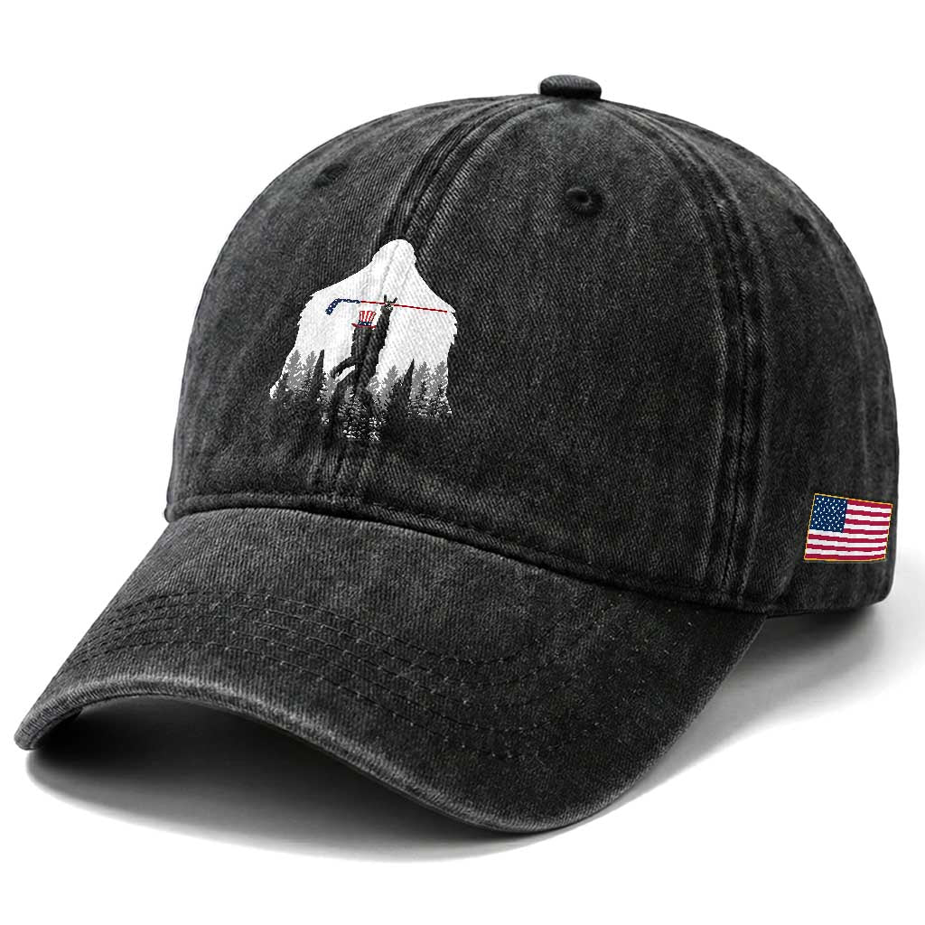 Bigfoot USA Ice Hockey 4th of July Washed Cotton Baseball Cap Funny Sasquatch Patriotic American Flag