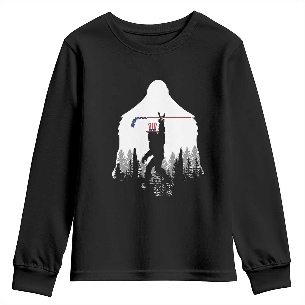 Bigfoot USA Ice Hockey 4th of July Youth Sweatshirt Funny Sasquatch Patriotic American Flag