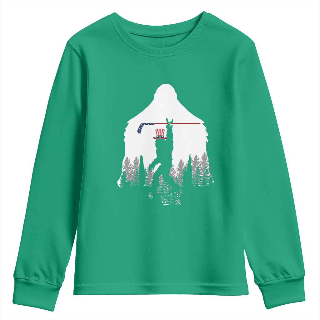 Bigfoot USA Ice Hockey 4th of July Youth Sweatshirt Funny Sasquatch Patriotic American Flag