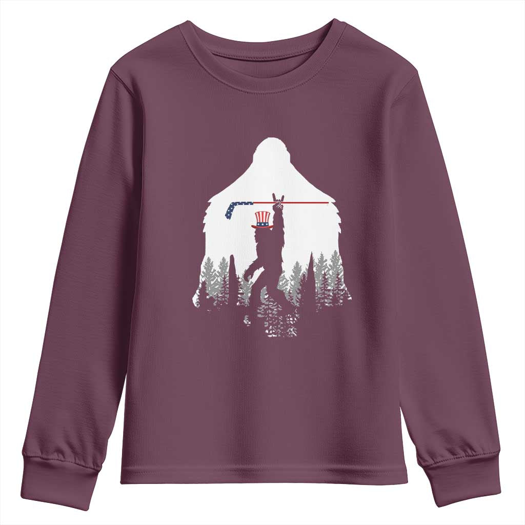 Bigfoot USA Ice Hockey 4th of July Youth Sweatshirt Funny Sasquatch Patriotic American Flag