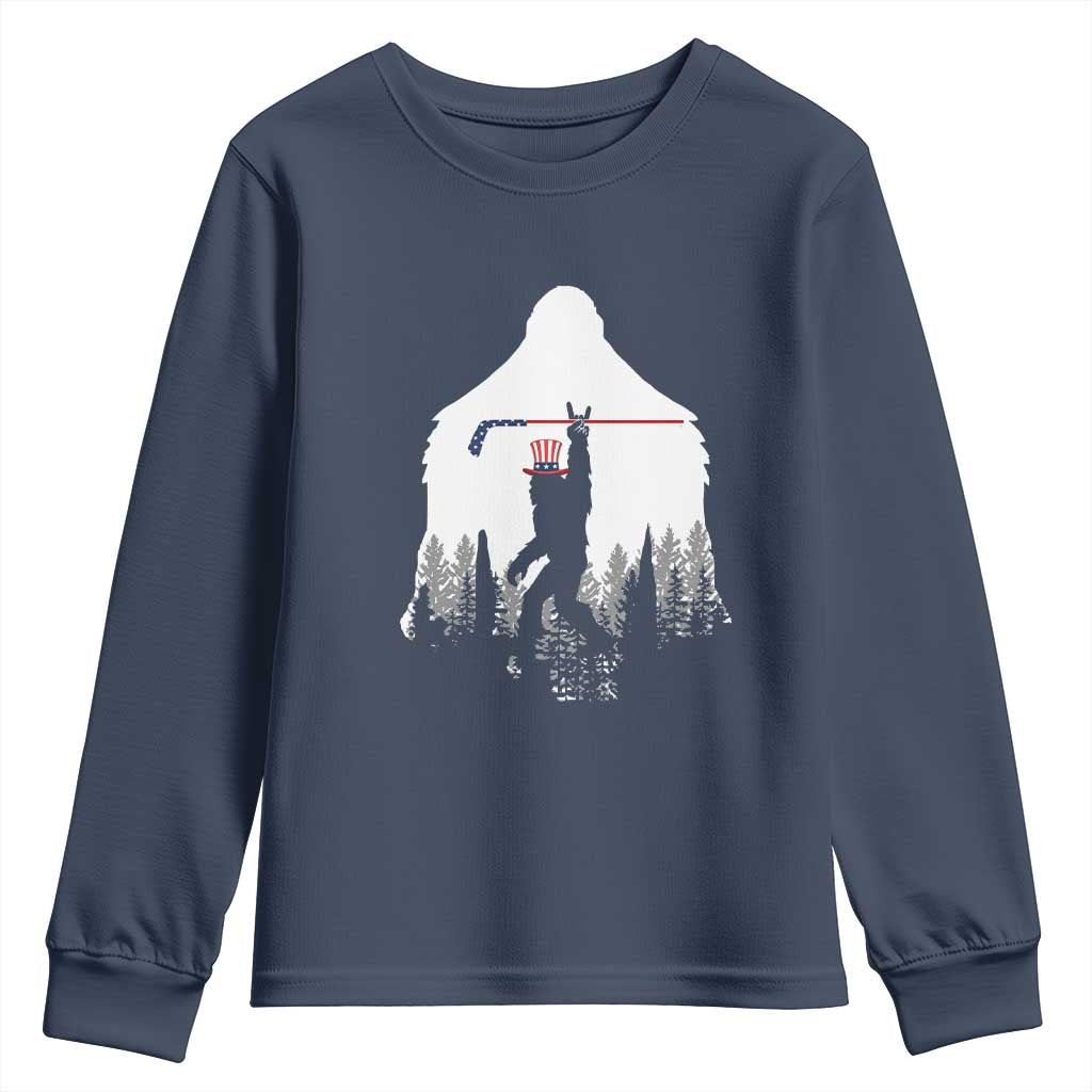 Bigfoot USA Ice Hockey 4th of July Youth Sweatshirt Funny Sasquatch Patriotic American Flag