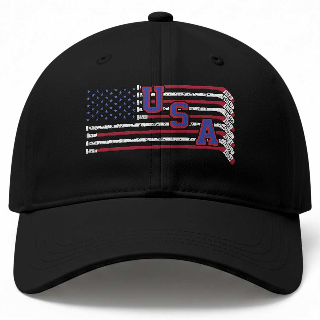 Ice Hockey Sticks American Flag Baseball Cap Patriotic Hockey Fan