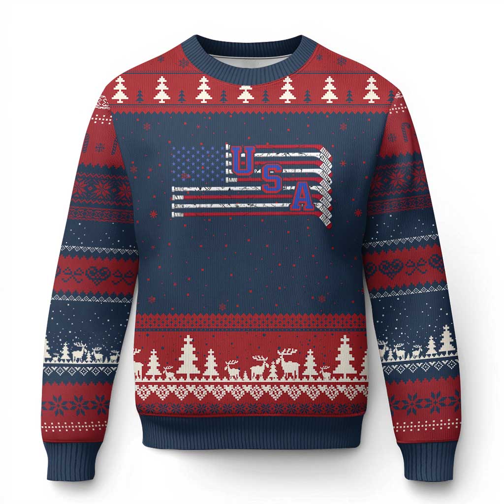 Ice Hockey Sticks American Flag Ugly Christmas Sweater Patriotic Hockey Fan