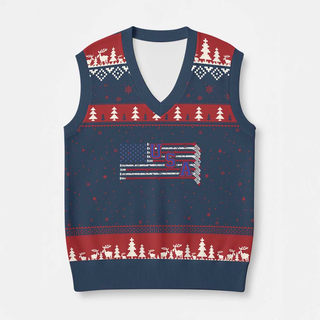 Ice Hockey Sticks American Flag V-Neck Knit Sweater Vest Patriotic Hockey Fan