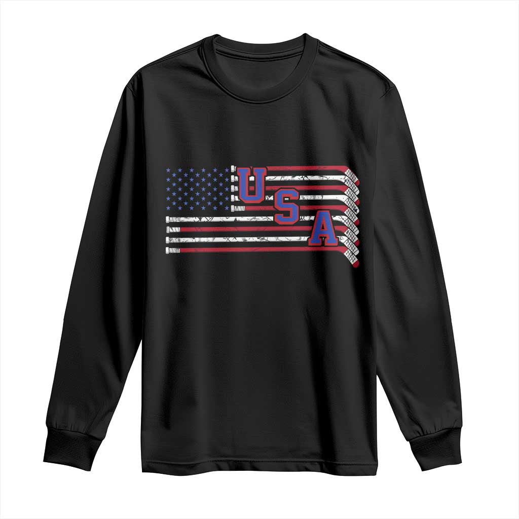 Ice Hockey Sticks American Flag Long Sleeve Shirt Patriotic Hockey Fan