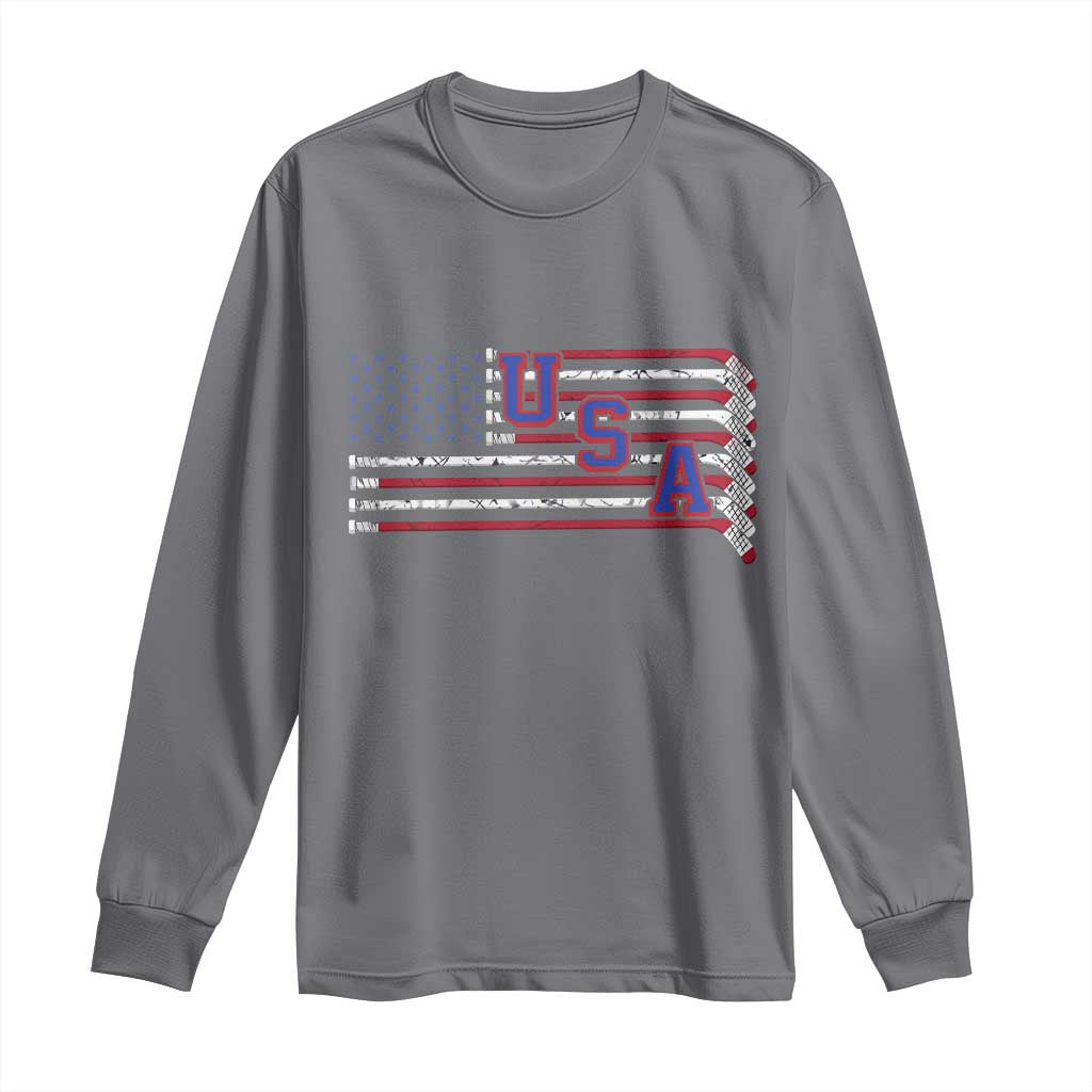 Ice Hockey Sticks American Flag Long Sleeve Shirt Patriotic Hockey Fan