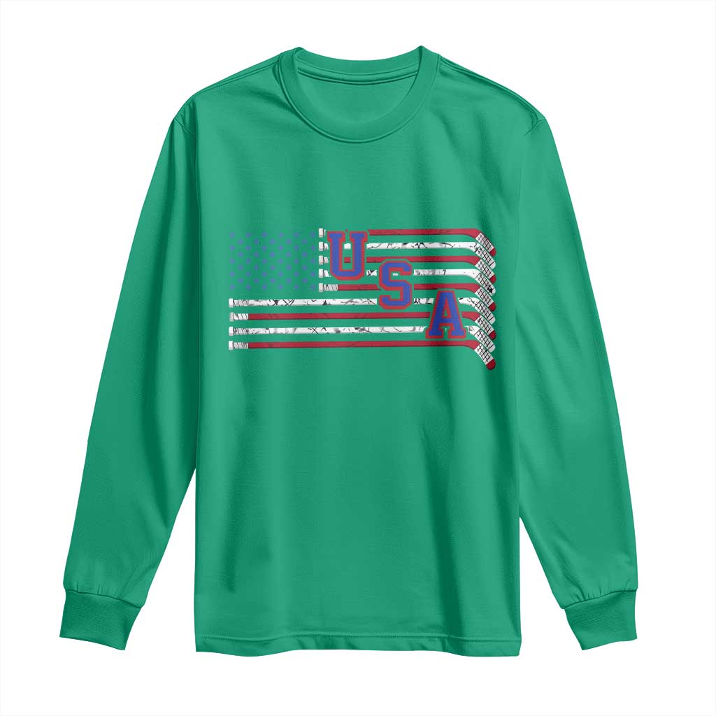 Ice Hockey Sticks American Flag Long Sleeve Shirt Patriotic Hockey Fan