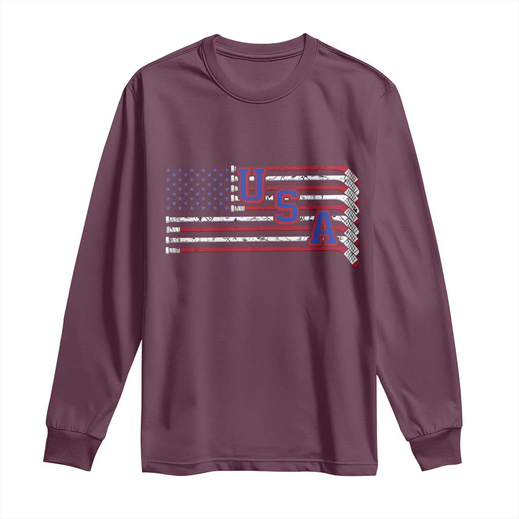 Ice Hockey Sticks American Flag Long Sleeve Shirt Patriotic Hockey Fan